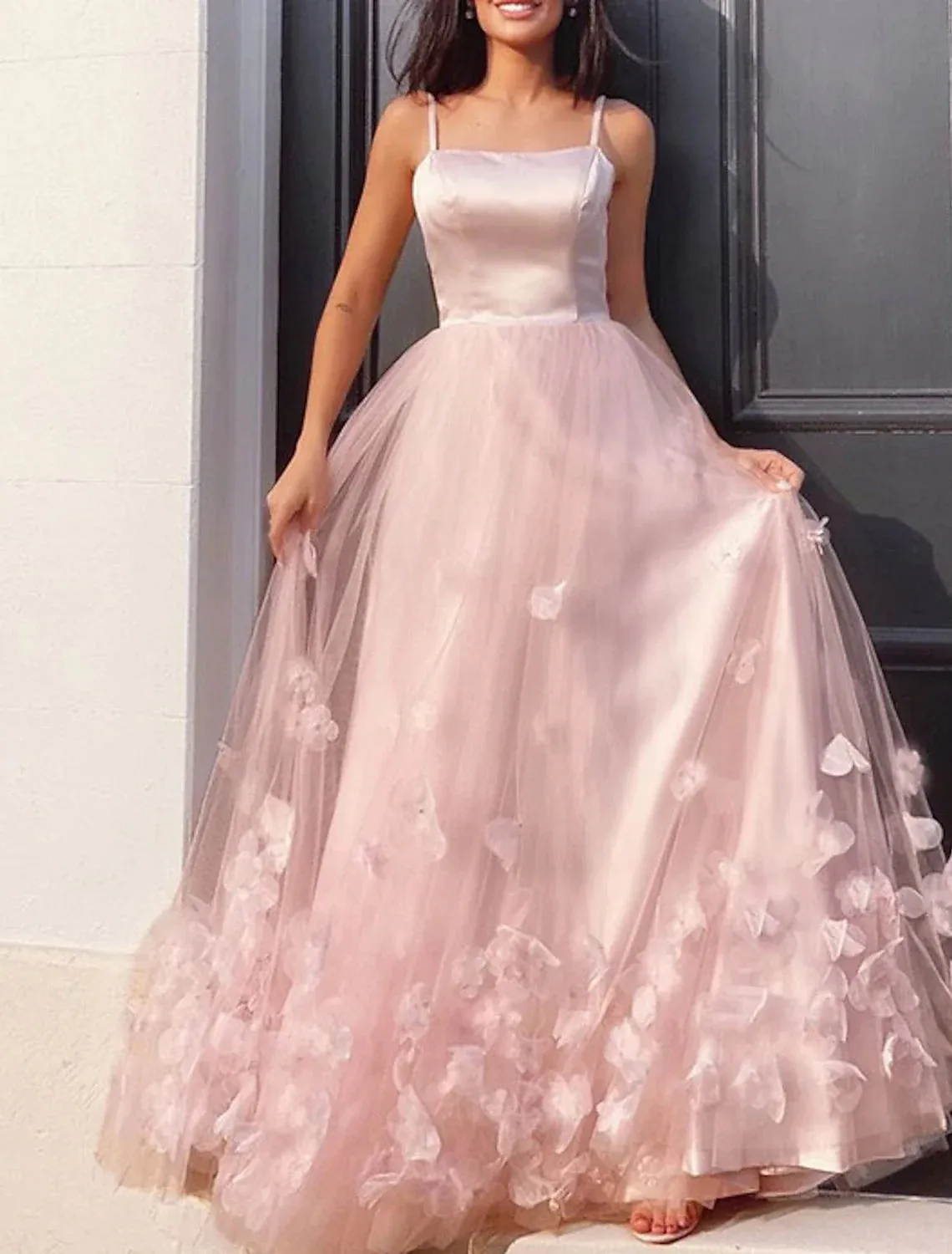 A-Line Prom Dresses Floral Dress Performance Floor Length Sleeveless Spaghetti Strap Tulle with Pleats Appliques