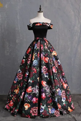 Black Floral Satin Off Shoulder Strapless Long Formal Prom Dress, Evening Dress
