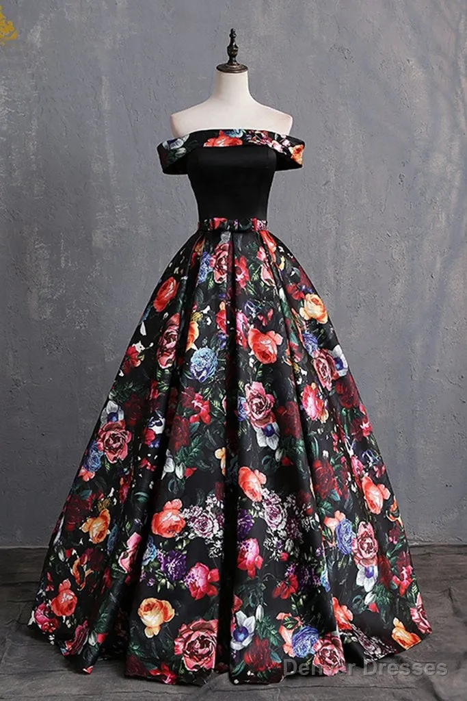 Black Floral Satin Off Shoulder Strapless Long Formal Prom Dress, Evening Dress