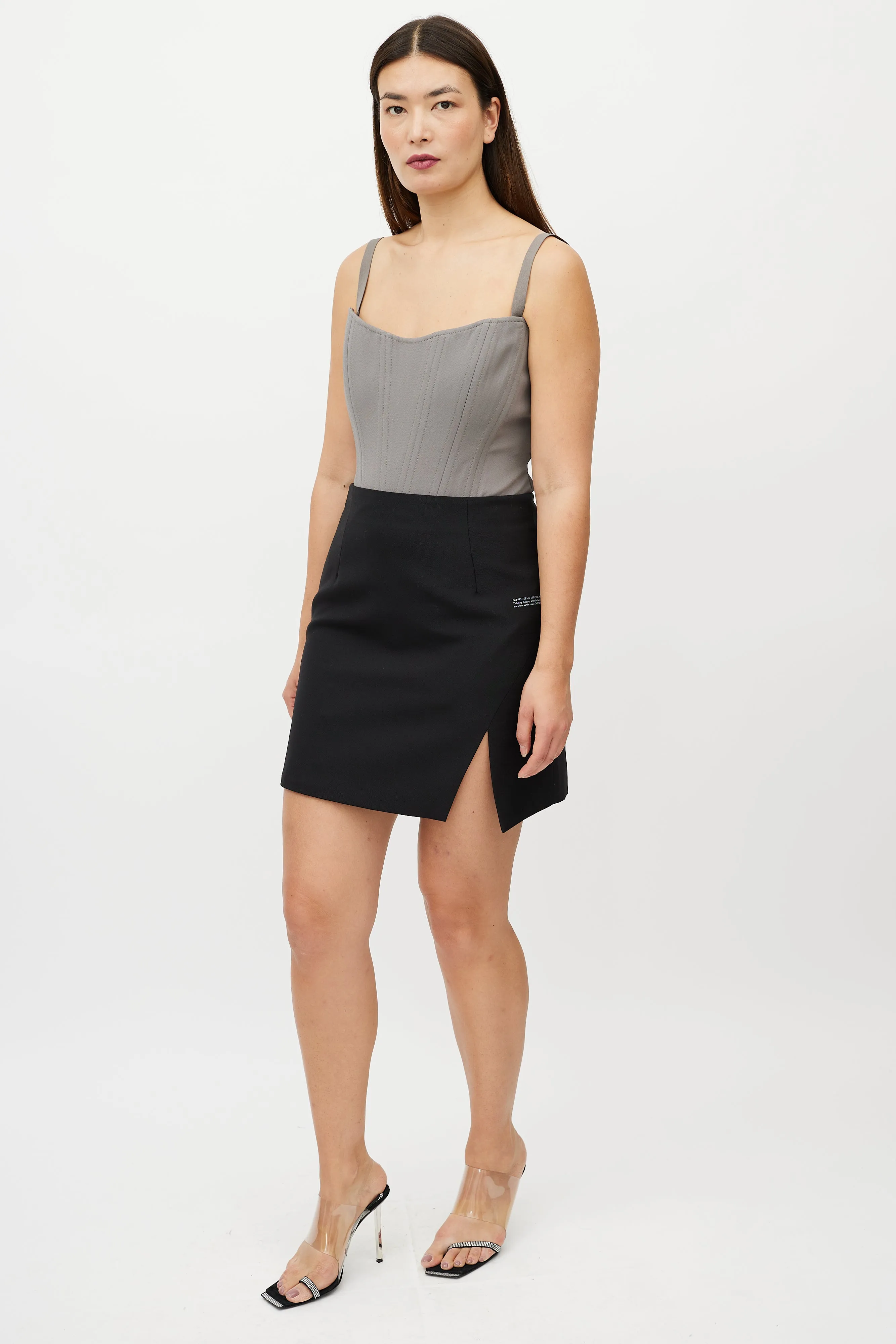Black Wool Notched Logo Skirt