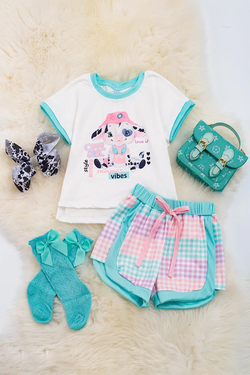 Cool Girl" Cow printed white tee & gingham printed shorts. OFG40004 AMY