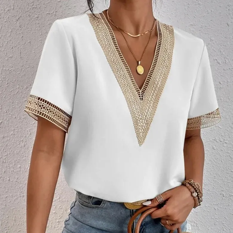 Elegant V-neck Splicing Lace Blouse