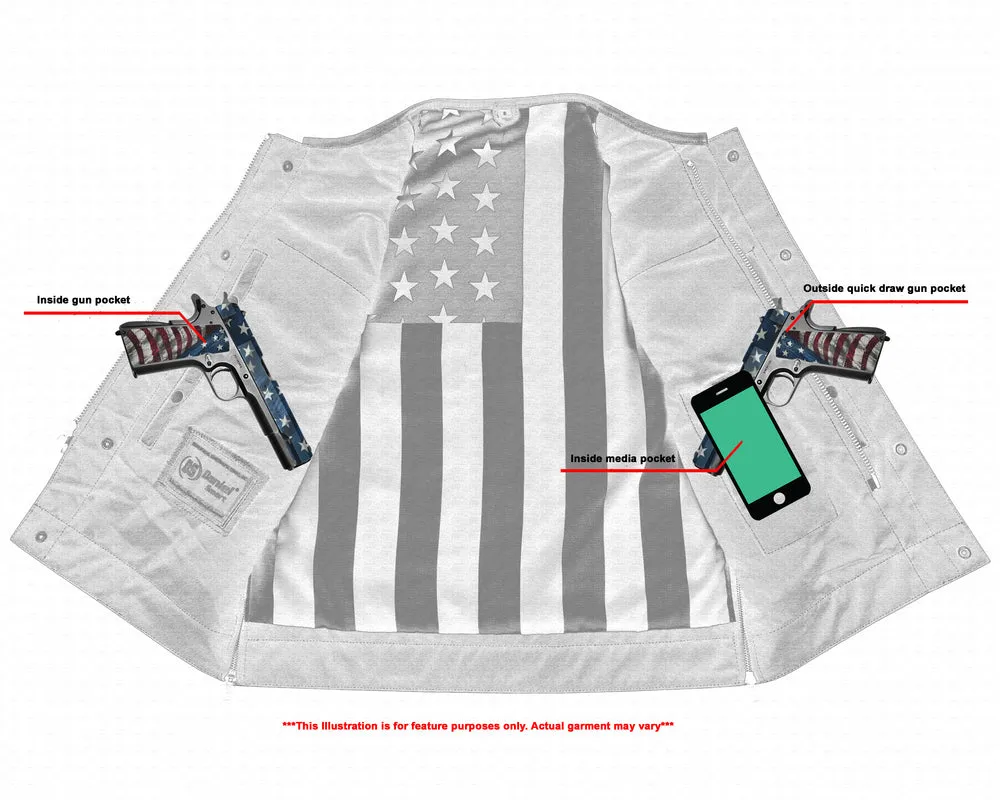 Men's Banded Collar leather Vest with USA Flag Lining & Red Stitching