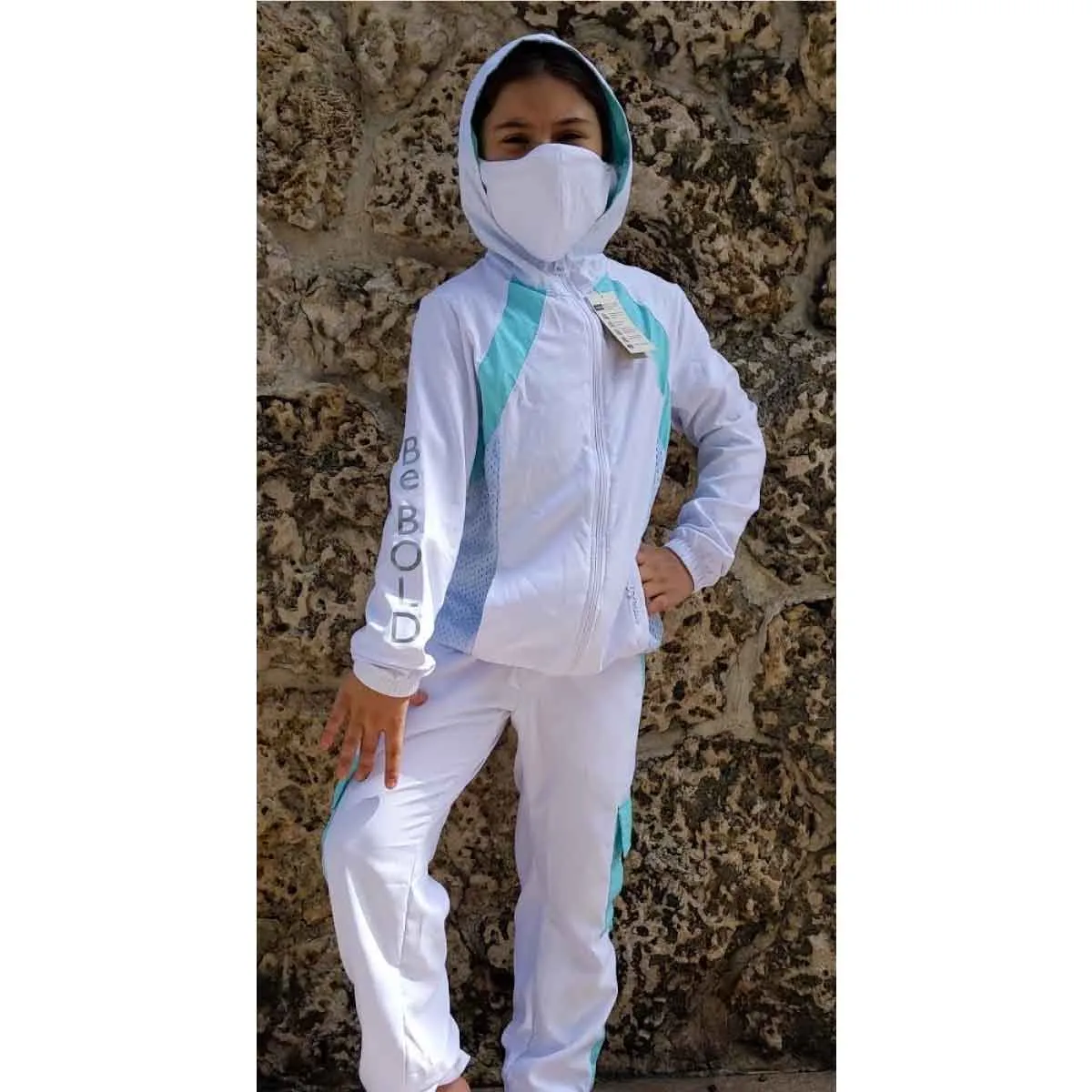 PROTECTIVE WHITE AND BLUE GIRLS' JACKET - FACE MASK INCLUDED