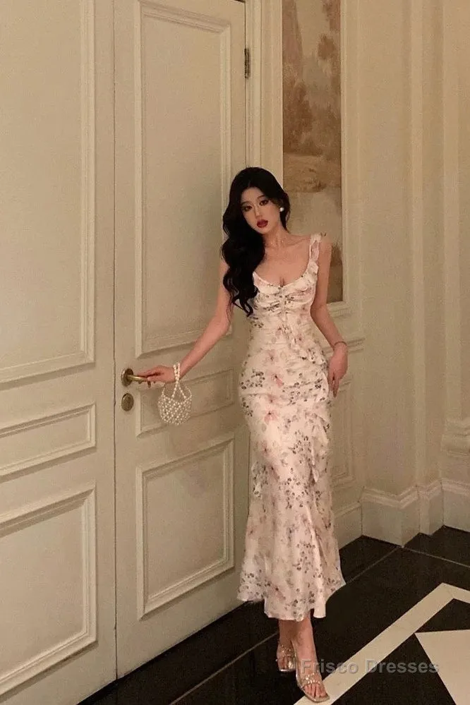 Sexy French Sheath Square Neckline Floral Pink Prom Dresses Birthday Outfits Evening Gown