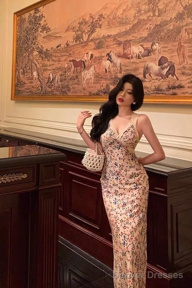 Sexy Sheath V Neckline Floral Prom Dresses Birthday Outfits Evening Gown