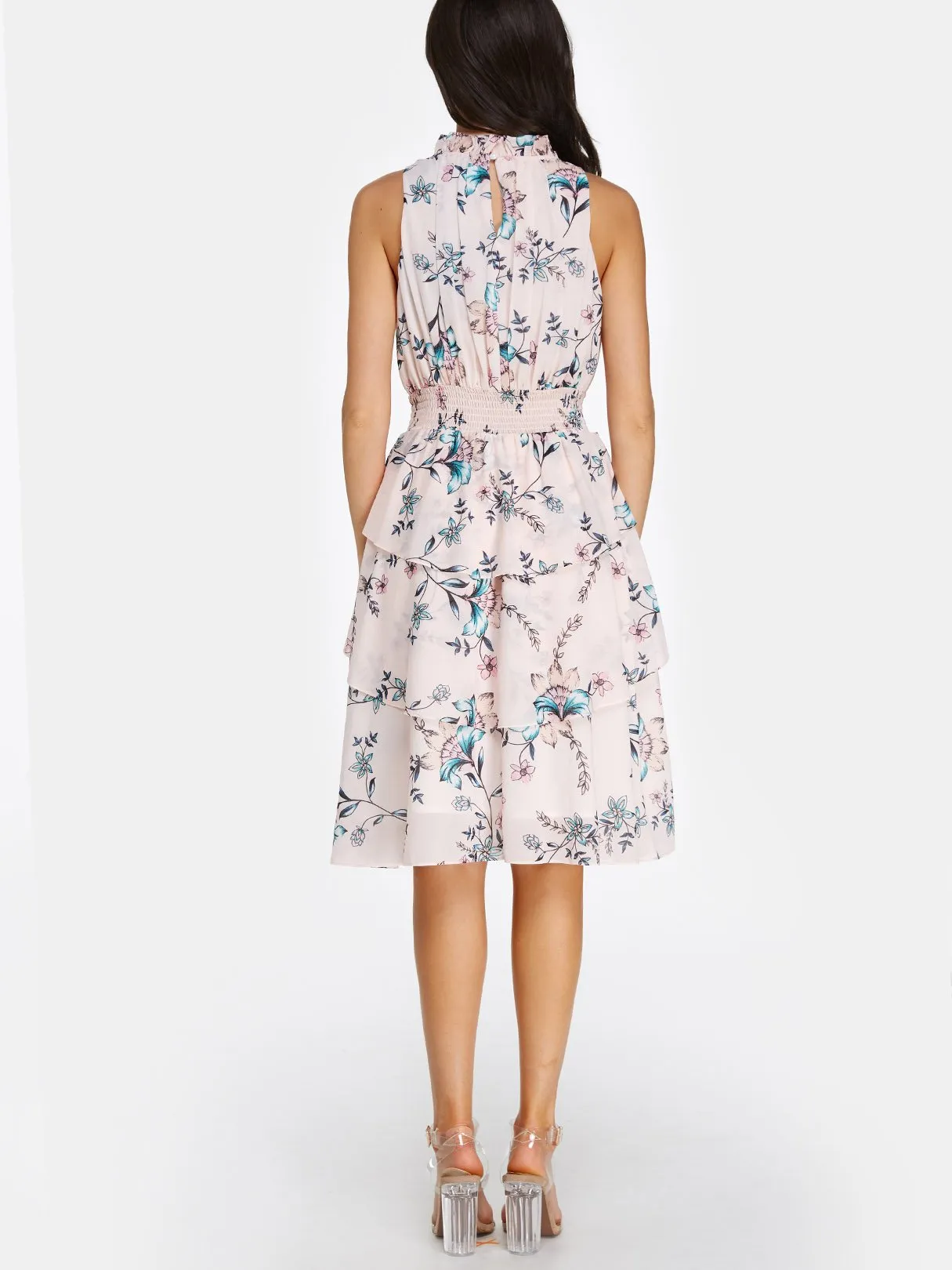 Wholesale Light Pink Crew Neck Sleeveless Floral Print Cut Out Dresses