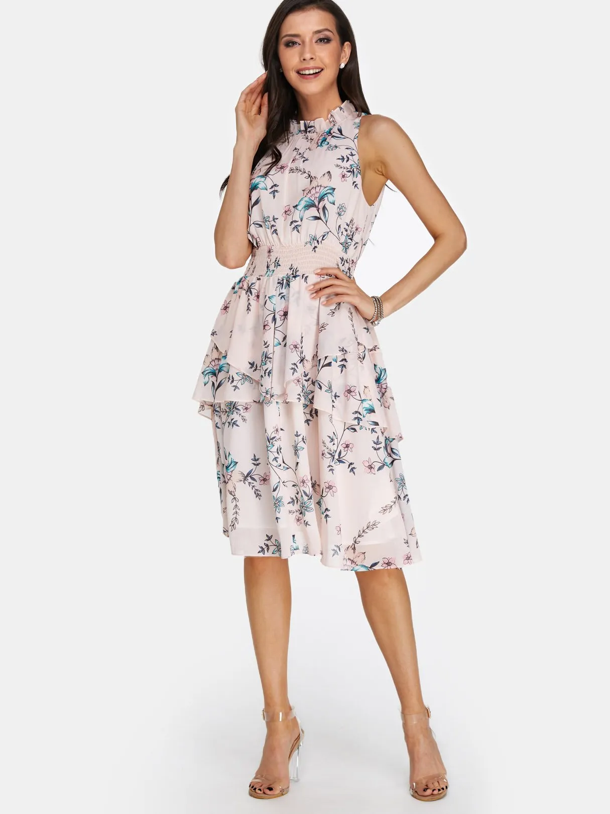 Wholesale Light Pink Crew Neck Sleeveless Floral Print Cut Out Dresses