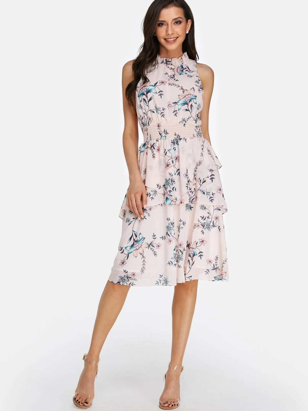 Wholesale Light Pink Crew Neck Sleeveless Floral Print Cut Out Dresses